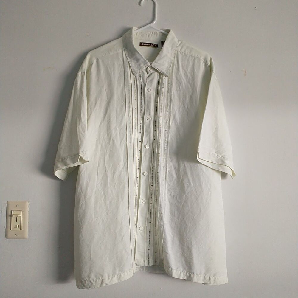 Cubavera Button Up Shirt Mens 2XL XXL Light Green Embroidered Linen Blend Casual